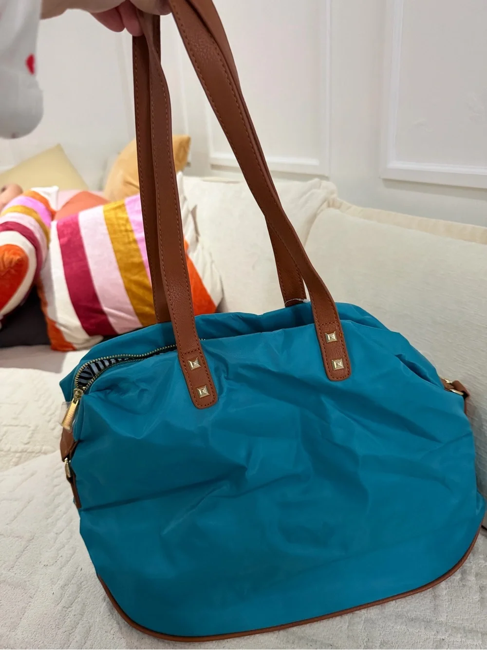 Charming Charlie Blue Nylon Tote bag  with Brown Trim - Women's Shoulder Bag